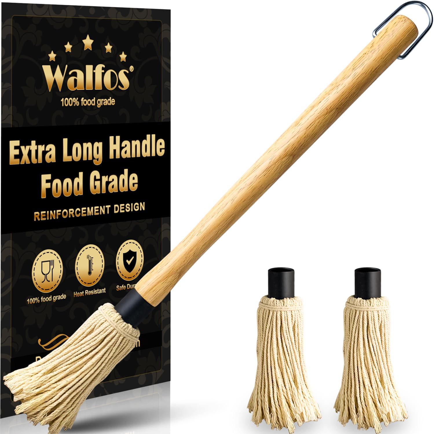 Walfos BBQ Mop Brushes for Sauce, Grilling Basting Mop Wooden Long Handle with 3 Heads, for Grilling, Barbecue, Smoking Steak 18