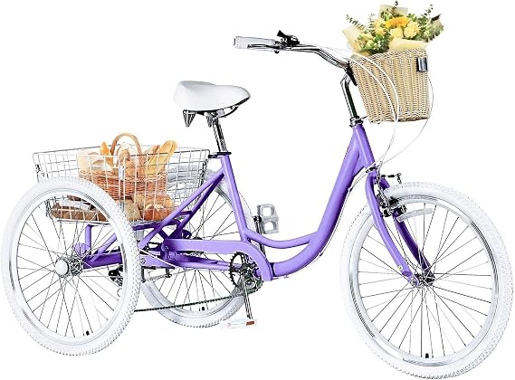 Adult Tricycles 7 Speed Trikes for Adults, 20/24/26 inch 3 Wheel Bikes with Front & Rear Basket, Tricycle for Seniors, Women, Men, Without Mudguard