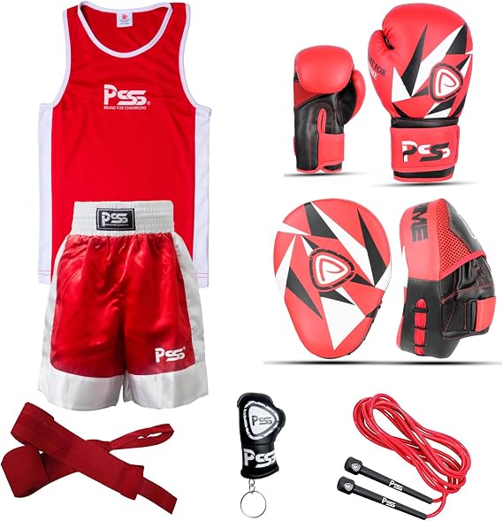 Kids Boxing 6 Pieces Set Uniform top & Short Boxing Gloves Red 1021 Focus Pad Red 1109 wrap-Skipping Rope & Keychain-Professional Accessories kit for Sparring Sports 4OZ