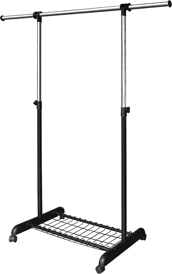 LiaMeE Adjustable Clothing Rack for Hanging Clothes, Heavy Duty Garment Rack with Wheels,Free Standing Rolling Clothes Rack with Shelf & Grid, Easy Assembly Standard Rod, Black & Chrome