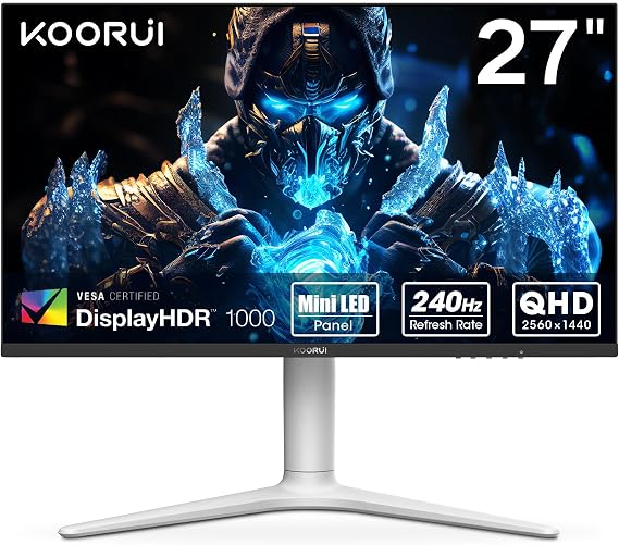 KOORUI 27 240Hz Gaming Monitor, Mini-LED - QHD (2560 x 1440), 1ms, HDR 1000, 100% sRGB, Height Adjustable, HDMI/DisplayPort, White/Grey, GN10
