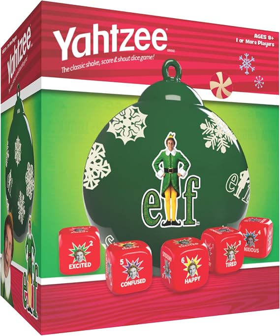 YAHTZEE: Elf Edition, Exclusive Holiday Ornament Cup Featuring Buddy, Roll the dice & Spread the Christmas Spirit, Classic Dice Game for Fans, Adults & Families, Official Elf Merchandise & Collectible