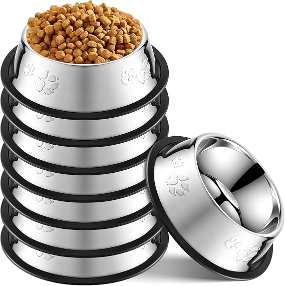 Tanlade 8 Pack Stainless Steel Dog Bowls Metal with Rubber Base Non-Slip Pets Puppy Cats Feeding Food and Water Bowls Dishwasher-Safe for Indoor Small Medium Large Dogs Cats Kitten Rabbit(7 oz)