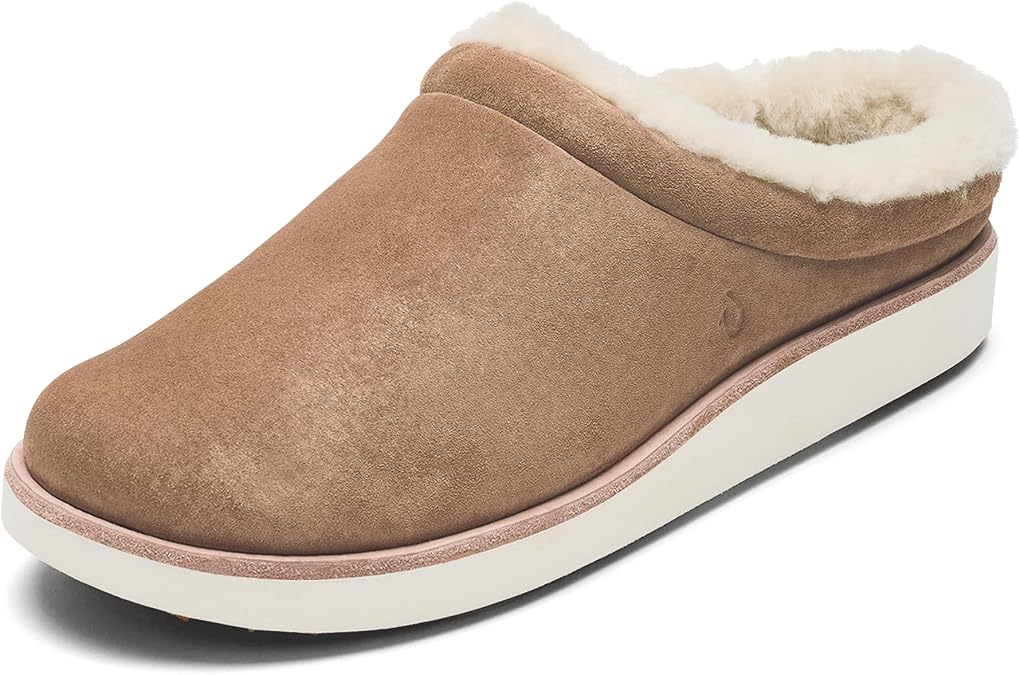 OluKai Mani Women's Leather Mule Slippers, Soft & Comfortable Slippers | Fleece Lining, Thick Rubber Outsole, All-Day Wear