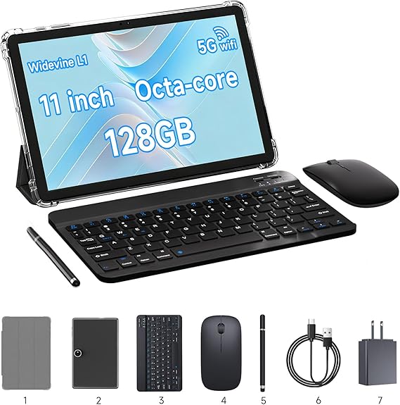 11 inch Tablet 2 in 1 Tablets, 20GB RAM 128GB ROM, Android 16 Tablet with Case keyboard mouse Stylus Support 2TB Expandable, 13MP Camera, Octa-core Processor 5G WiFi-6 8000MAH Battery 11'' Tableta.