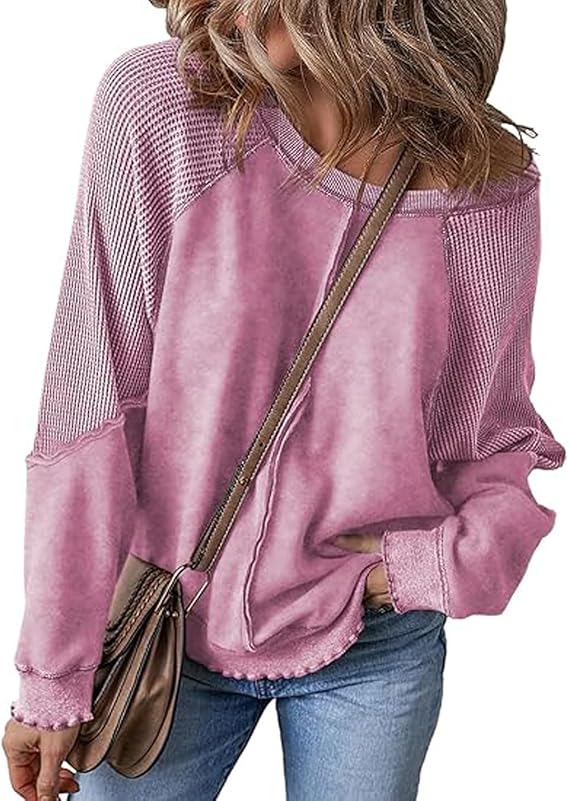 Women's Lightweight Sweatshirts Crewneck Waffle Knit Oversized Casual Sweatshirt