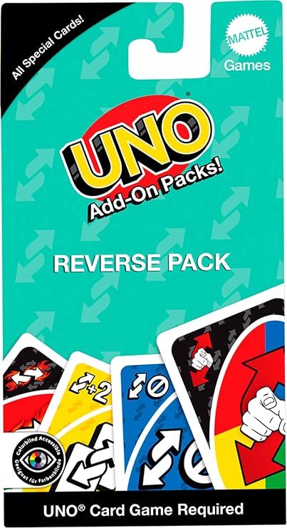 Mattel UNO Add-On ters paket oyunlar, çocuklar ve yetişkinler için, aile oyun akşamları için, seyahat oyunu olarak veya 2 ila 10 oyuncu için cazip bir hediye olarak kullanılabilir, 7 yaşından itibaren