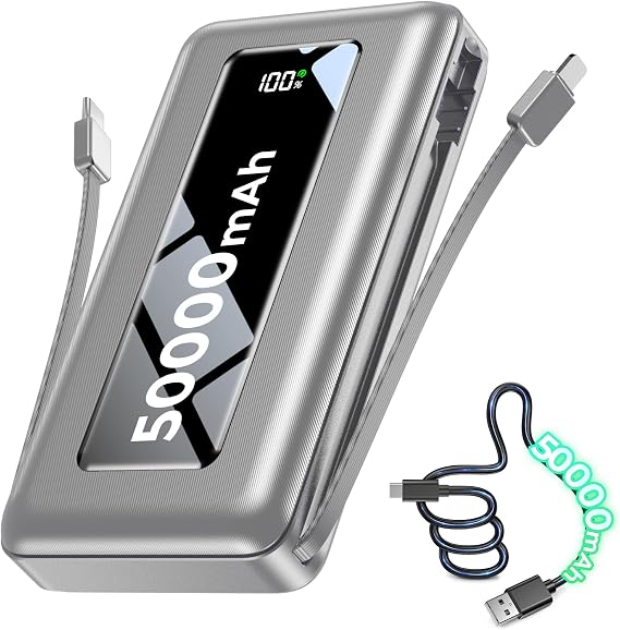 50000mAh Portable Charger Power Bank with Built-in Cables & Flashlight | Ultra-High Capacity, 22.5W Fast Charging, Charge Multiple Devices, Flashlight, Travel Essential, for iPhone & Android