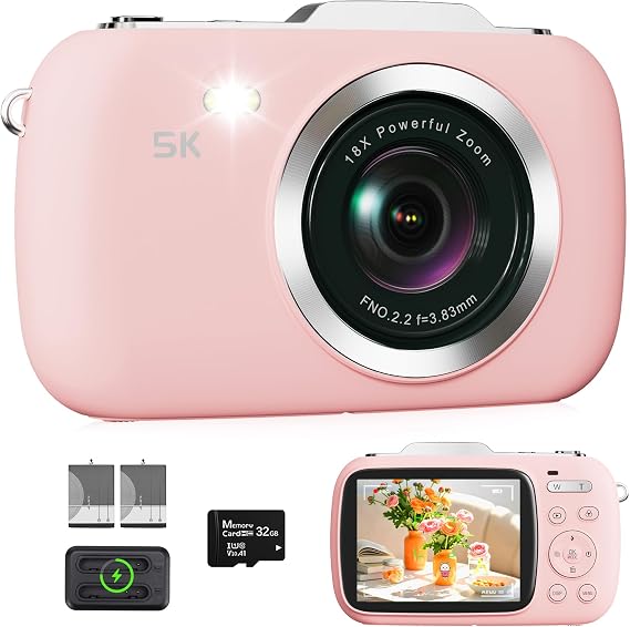 Digital Camera, 5K Vlog Camera, Photography, 80MP Auto Focus Point and Shoot Digital Camera Beginner teens 18x Zoom Portable Compact Travel Camera, Flash, 32GB Card & 2 Batteries Pink