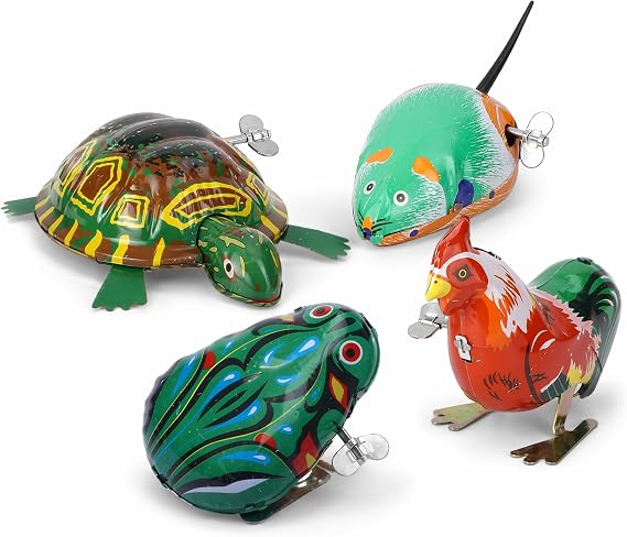 Toyvian 4Pcs Vintage Tin Toys Clockwork Toys Metal Clockwork Spring Wind up Metal Jumping Animal Rooster Turtle Interesting (Random Style and Color)