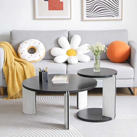 Modern Nesting Coffee Table Set of 2, 2-Piece Modern 32.68" & 16.93" Round Living Table Set with Black Oak Veneer Surface 25mm MDF and White+Black Sintered Stone Legs for Living Room