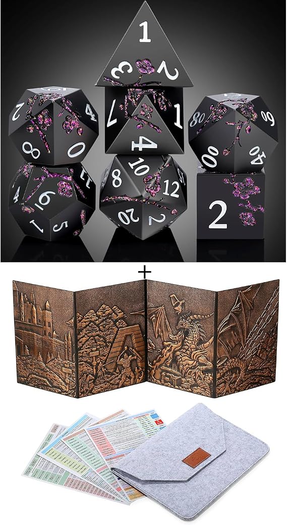 DNDND Glitter Purple Metal D&D Dice wtih Gift Case and DNDND 3D DM Screenwith Flet Case