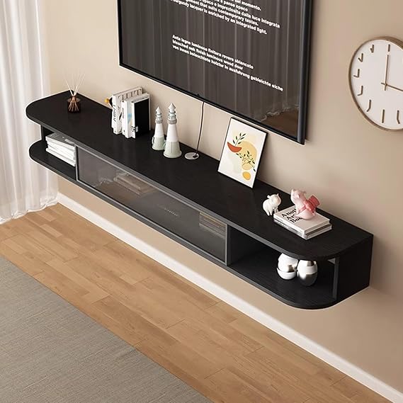 Floating TV Stand, Wall Mounted TV Cabinet, Floating Shelf with Door, Modern Entertainment Media Console Center Large Storage TV Bench, cabinet shelves mesa flotante for Living Room Office(Black,140CM