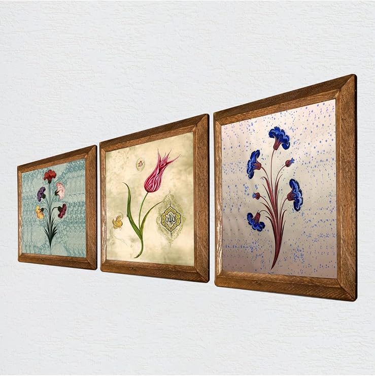 Pinecone Ebru Sanatı, Lale Taş Duvar Tablosu - Ahşap Çerçeveli Taş Tablo - 25x25 cm - 3 Parça Set - Dekoratif Duvar Sanatı - Modern Ev ve Ofis Duvar Dekoru W3-65