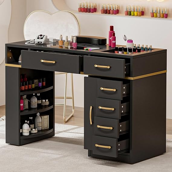 Nail Table Station with Dust Collector, Glass Top Manicure Table Nail Desk Station w/7 Drawers & 3-Tiers Open Shelves, Nail Beauty Workstation w/Wrist Cushion & Acrylic Display Rack(Black-New)