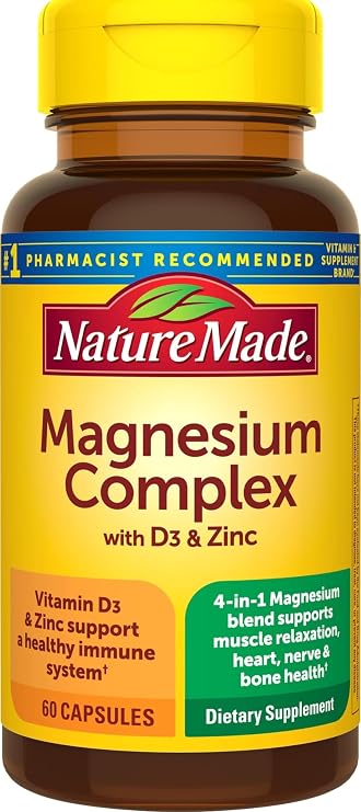 Nature Made Magnesium Complex Supplement with Vitamin D & Zinc, 60 Capsules | Magnesium Glycinate, Malate, Citrate & Oxide for Muscle, Nerve, Heart & Bone Support, 30 Day Supply