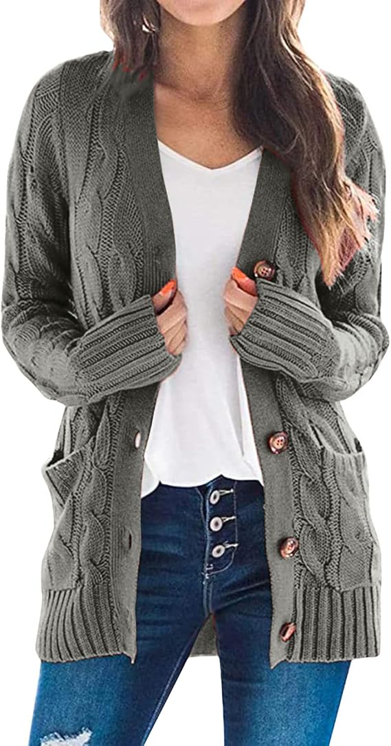 PIFAME Cardigan Sweater for Women Open Front Button Sweaters with Pockets Long Sleeve Button Down Cardigans Sweaters