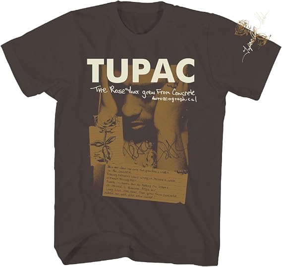 2Bhip Tupac The Rose that Grew from Concrete Autobiographical T Shirt | Officially Licensed Tupac Shakur Tee, Distressed Vintage Style Graphic, Crewneck Cotton, Unisex Men Women, Brown, 90s Hip Hop