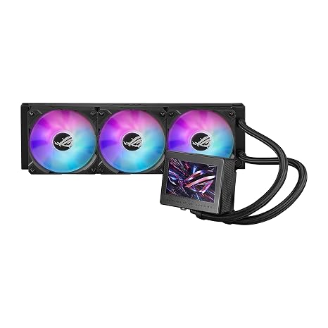 ASUS ROG Ryujin III 360 ARGB All-in-one Liquid CPU Cooler with 3.5" LCD, Asetek 8th gen Pump, Pump Embedded Fan and ROG 120mm Magnetic Daisy-chainable ARGB Radiator Fans.