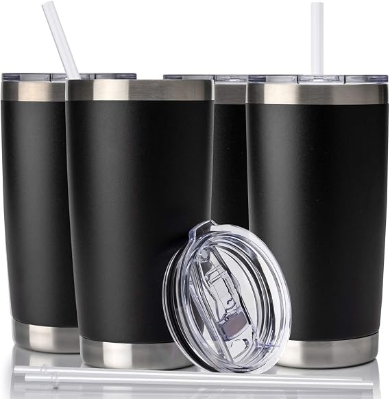 CIVAGO 20oz Tumbler with Lid and Straw, Stainless Steel Vacuum Insulated Coffee Tumbler Cup, Double Wall Powder Coated Travel Mug (Black, 4 Pack)