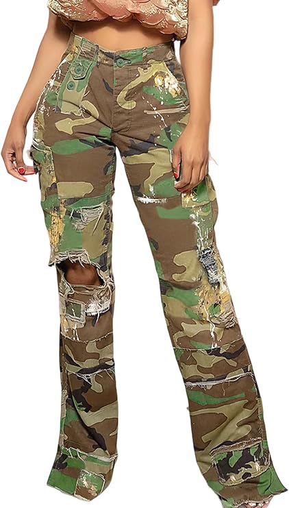 Ptorlio Camo Cargo Pants for Women Ripped Wide Leg Baggy High Waisted Camouflage Y2k Streetwear Jeans Trousers