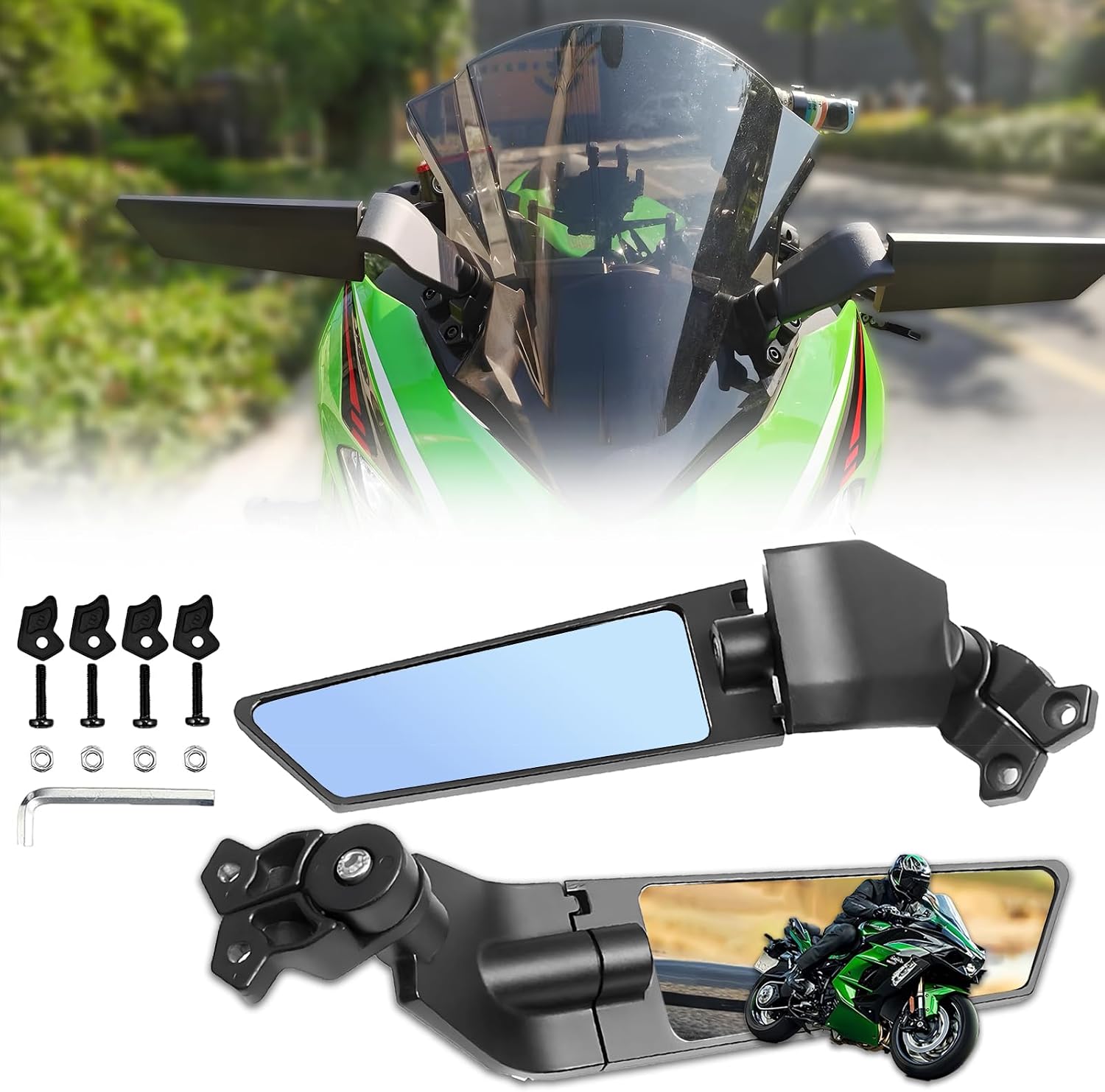 Motorcycle Rear View Mirrors, Adjustable 180 Rotating Aluminum Alloy Stealth Wind Wing Side Mirrors Compatible with 2018-2022 KAWASAKI Ninja 400 500 650 ZX10R ZX6R ZX-636 (Anti-glare)