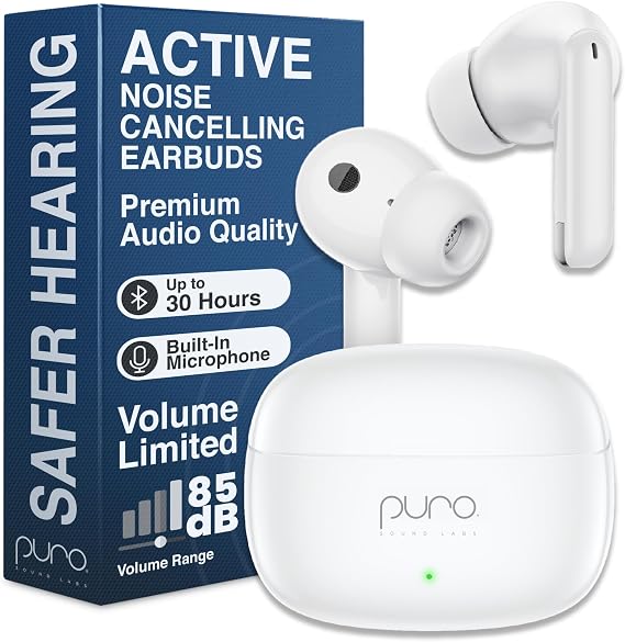 Puro Sound Labs PuroQuiet - Air Universal Active Noise Cancelling Bluetooth Earbuds, Volume-Limiting Pc Wireless Headphones with mic, Soft Touch, Type-C Charging Port with Built-in Microphone - White