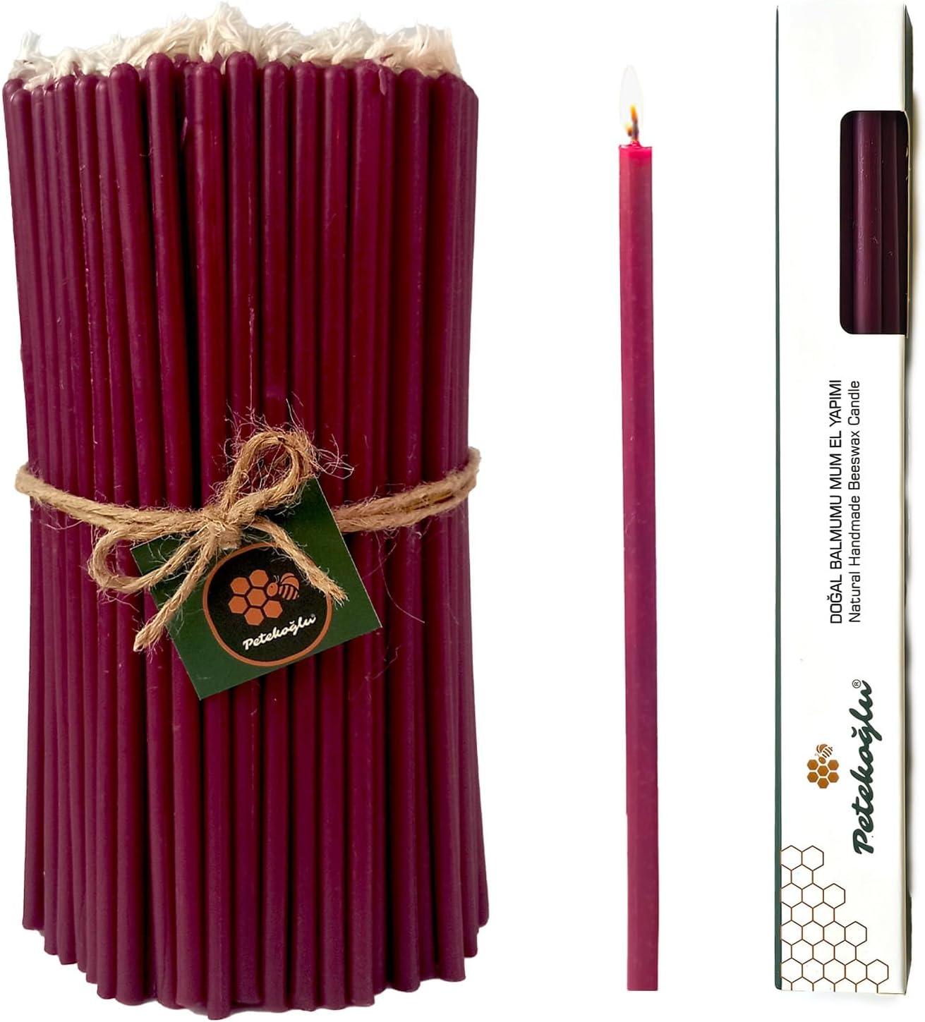 Petekoğlu Balmumu Mum Dilek Mumu Doğal Petek İnce Uzun Parti Nişan Düğün Ritüel Doğum Günü Mum 15 Adet Beeswax Candle Bordo [Enerji Sınıfı A]