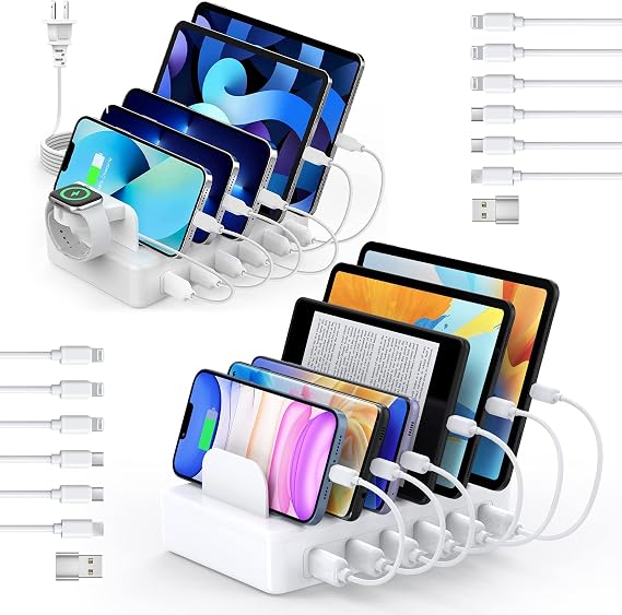 2 Pack White Charging Station [One of Them with Watch Holder],50W Multi Charger Station with 6 USB Ports & 6 Cables