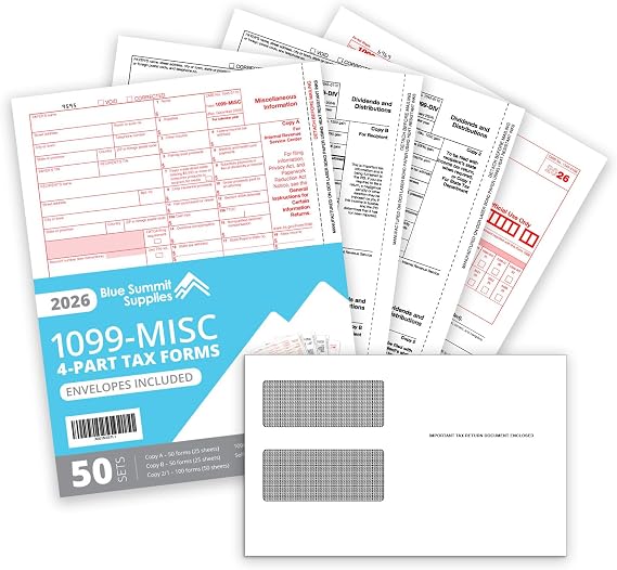 Blue Summit Supplies 1099 MISC 2026 Tax Forms Kit, 50 Pk, 4 Part, Envelopes