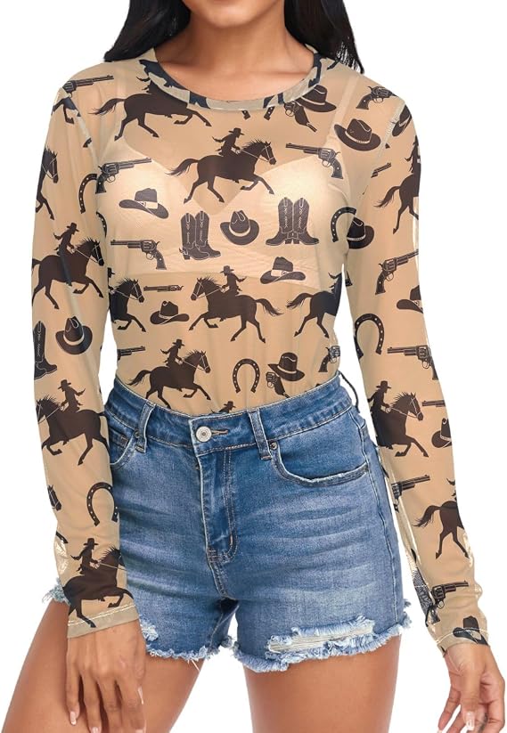 Women's Mesh Long Sleeve Top Trendy Sheer Tops See Through Shirt Tops S-2XL