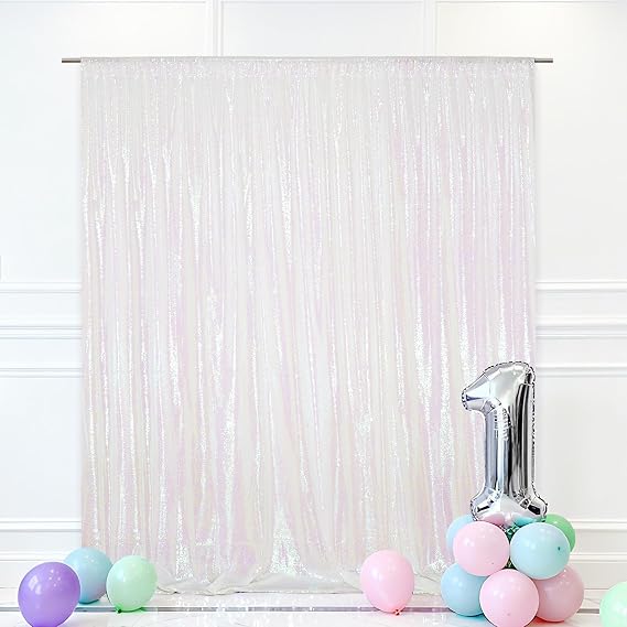 Eternal Beauty White Iridescent 3mm Sequin Backdrop 7x7 Ft for Wedding