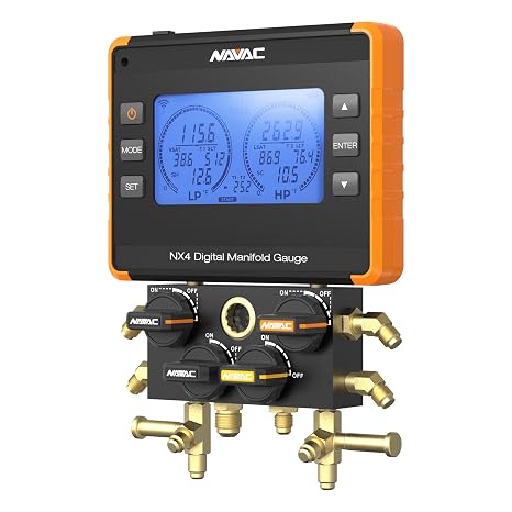 NAVAC Nexus Digital Manifold Gauge NX4V - 4 Valve HVAC Tool with Bluetooth Connectivity, myNAVAC App, A2L Compatible, Built-in NMV1S Micron Gauge, Compact Durable Build, High Accuracy for Technicians