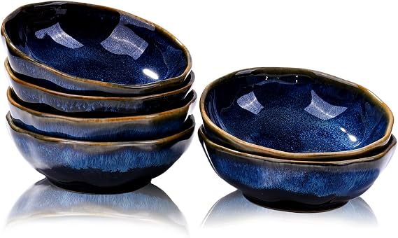 Ceramic Dipping Bowl Set of 6, 3.7" Porcelain Small Soy Sauce Dishes | Reactive Kiln Glaze Blue Wavy Pinch Bowls, Small Side Dishes for Sushi, Condiments, Snacks. Microwave & Dishwasher Safe