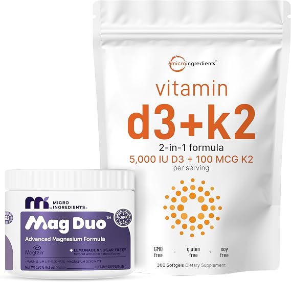 Micro Ingredients Mag Duo Magtein Magnesium LThreonate Powder & 5,000 IU Vitamin D3 K2 Softgels 2 Pack Bundle | with Magnesium Glycinate for Calm, Sleep & Focus Support | MK7 Vitamin K2