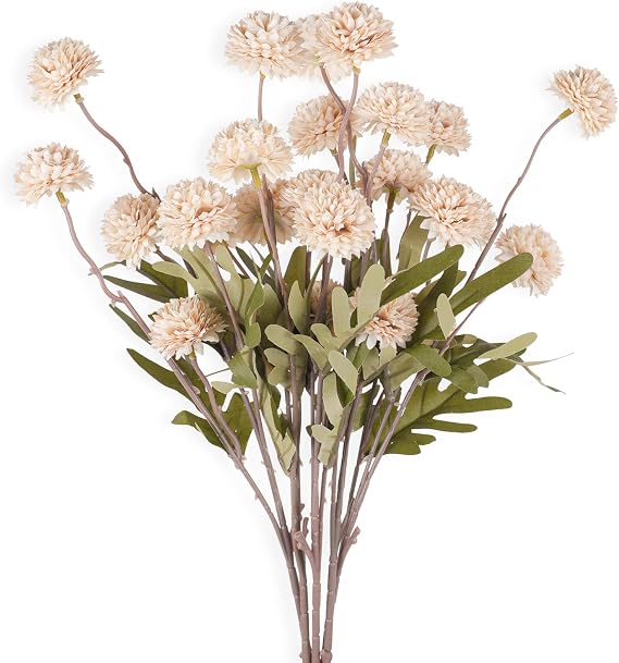 5 Pcs Fall Artificial Pompon Mum Flowers, Beige Faux Mini Chrysanth Balls Bulk Fake Chrysanthemum Flowers for Wedding DIY Bouquet Arrangement Centerpieces Decoration