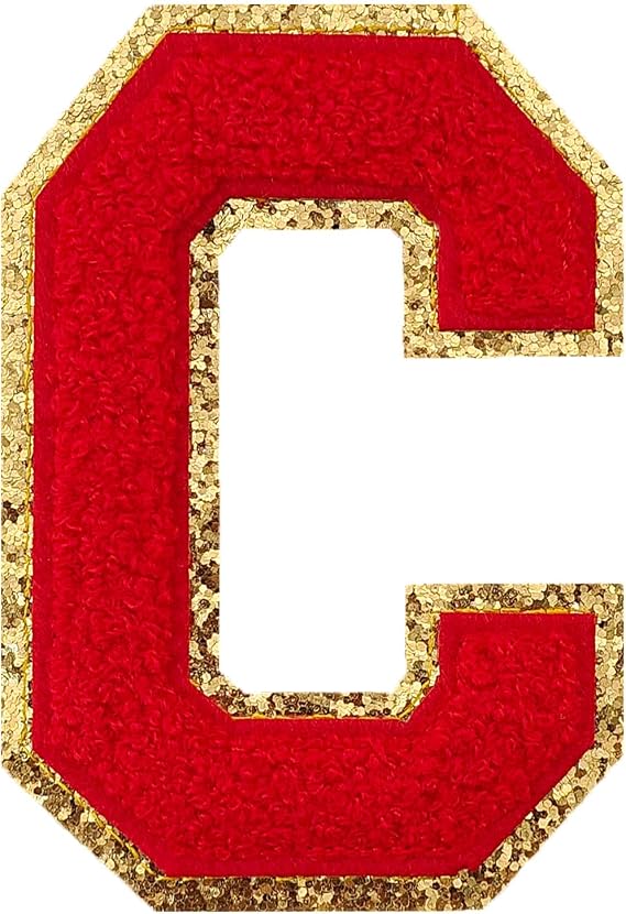 GYGYL 3PCS Chenille Varsity Glitters Letters Patch, Iron on Large Size Letter Patches for Team Costume Decoration, Height 4-1/2In, Red Letter C