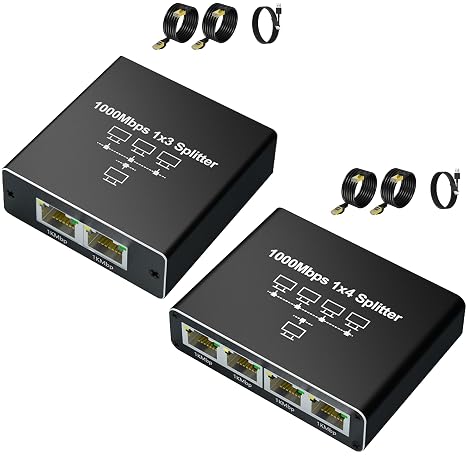 Gigabit Ethernet Splitter Bundle 1 to 3 & 1 to 4 with 26.6ft Cat6 RJ45 Cables Network Splitter Adapter 1000Mbps for Cat5/5e/6/7/8