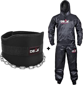 Bundle of Heavy Duty Sweat Suit with Dip Belt for Weight Lifting with 36" Steel Chain - Gym Sauna Suit Fitness Workout Anti-Rip with Hood - Neoprene Gym belt for powerlifting & strength training