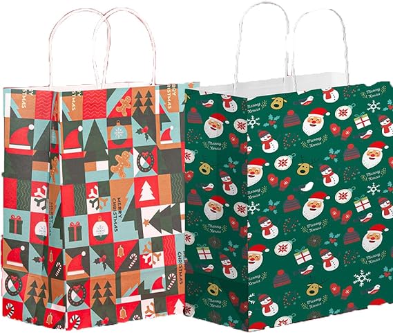 ONESWI 10Pcs Christmas Gift Bags,Christmas Tote Bags with Handles,Treat Bags, Kraft Gift Bags for Gifts Wrapping Shopping, Xmas Party Supplies, 8.3"4.3"10.6"