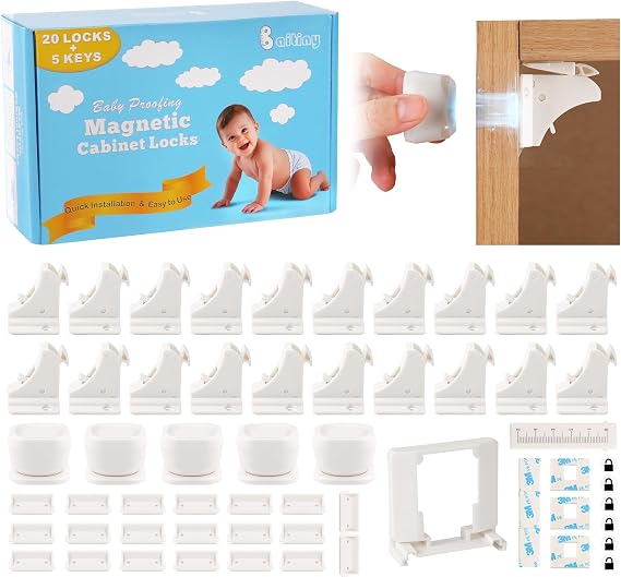 Magnetic Cabinet Locks for Baby Proofing, 20 Pack with 5 Keys | Invisible child proof cabinet locks for cabinets and drawers; no-drill adhesive installation with 5 magnetic keys included.