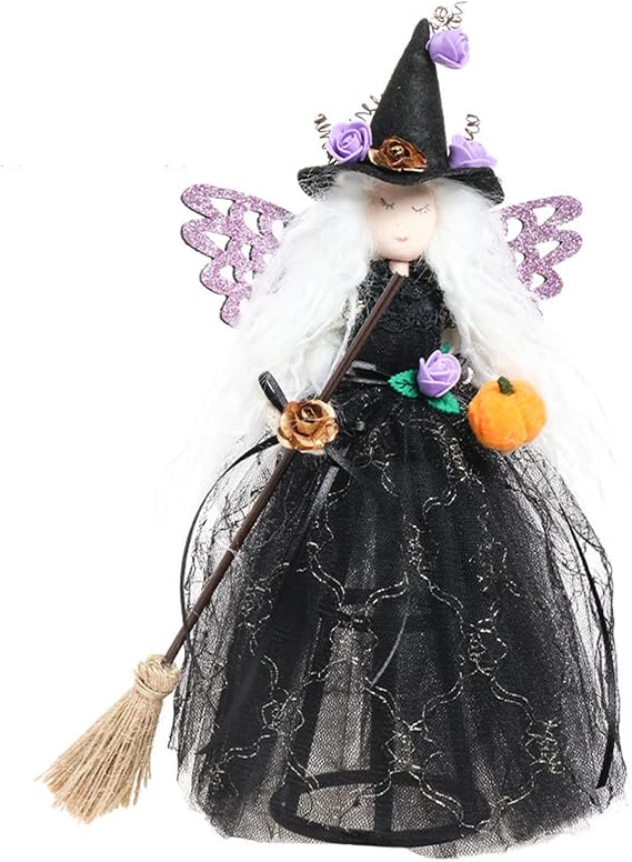 Halloween Witch Tree Topper Decoration 11.8 Inch Black Witch Ornament with Spider Web Skirt, Witch Hat and Broom for Desktop Treetop Fireplace Halloween Decor (B)