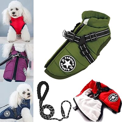 3 in 1 Winter Jacket for Dogs, Waterproof Windproof Dog Snow Jacket with Harness and Zipper, Pet Outdoor Jacket for Small Medium Large DogsCats Green, 2XL