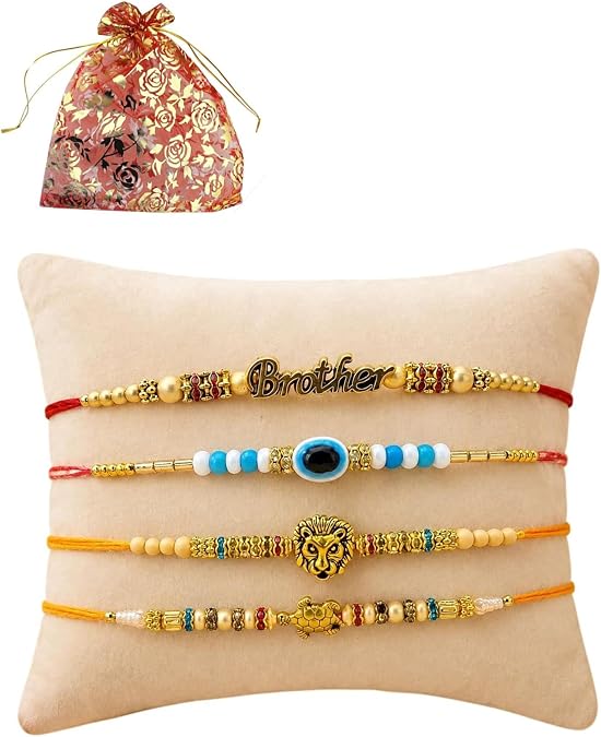 Rakhi, Evil Eye with lucky tortoise, brother, lion designed Rakhi for brother, Multicolor stones, Raksha Bandhan Rakhi Gift Wrist bands for loving Sibling/Brother, Sister, Father, family, Set of 4