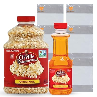 Gourmet Popcorn Bundle. Includes Orville Redenbachers Original Pop Corn, and Popping & Topping Buttery Flavored Oil.  with 5 Plastic Food Bags. Organic Popcorn Kernels & Popcorn Oil for Snacks!