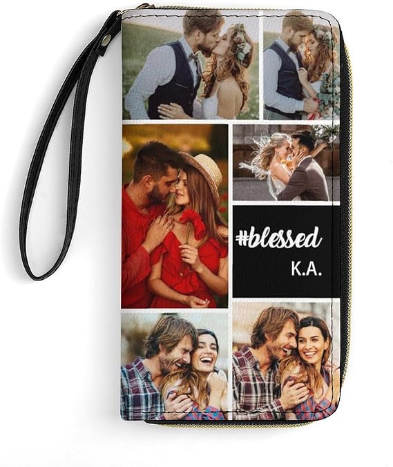 Personalized Photo Collage Leather Wallets for Women Custom Photo Zipper Wallet Picture PU Leather Wallet Name Credit Card Clutch Long Wallet for Women Mom Girlfriend,Style 1