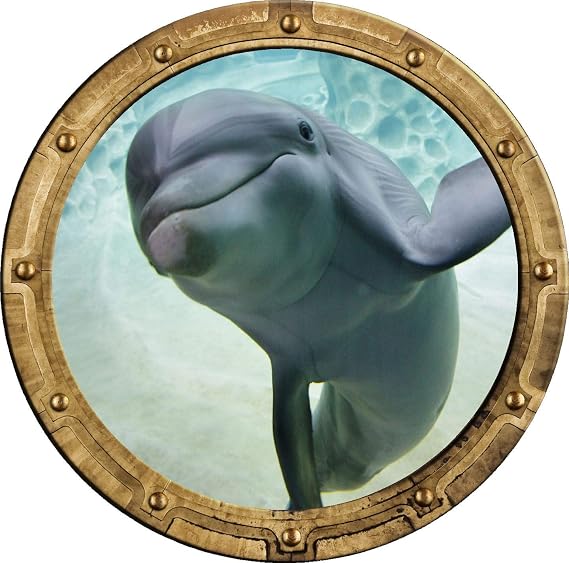 Port Scape Instant Sea Porthole Window View Dolphin 2 Rustic Porthole Portal Removable Wall Sticker Peel and Stick Ocean Wall Art for Childrens Room Decor 12 inch