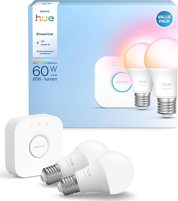 Philips Hue Essential 2'li E27 Ampul Başlangıç Seti 806 Lumen - 15.000 Saat Ampul Kullanım Ömrü [Enerji Sınıfı F]