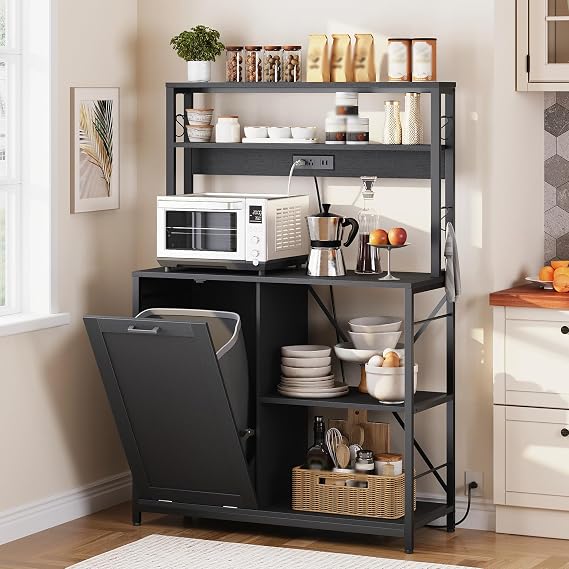 HOOBRO Bakers Rack with Power Outlet, Microwave Stand with Trash Can Bin Cabinet, 5-Tier Kitchen Storage Shelf Cabinet, Tall Coffee Bar Table Station for Dining Room, Living Room, Black BB50UHB01