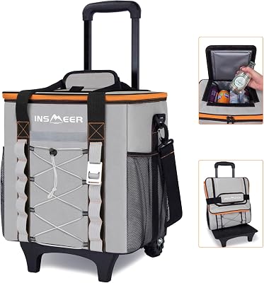 INSMEER Collapsible Rolling Cooler - 45 Cans30L,Insulated Cooler Bag with WheelsShoulder Strap,Wheeled & 3 Carry Way Cooler Options Available,Large Travel Cooler for Grocery Shopping